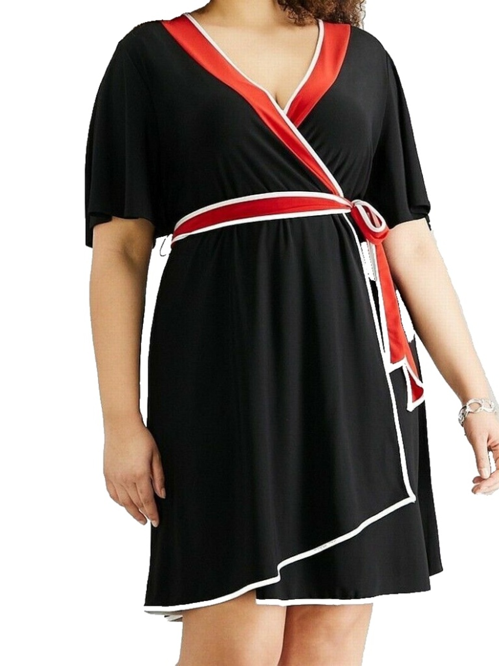 (NWT) NY Collection Women's Black/Red/White Faux Wrap Dress Plus Petite 2XP